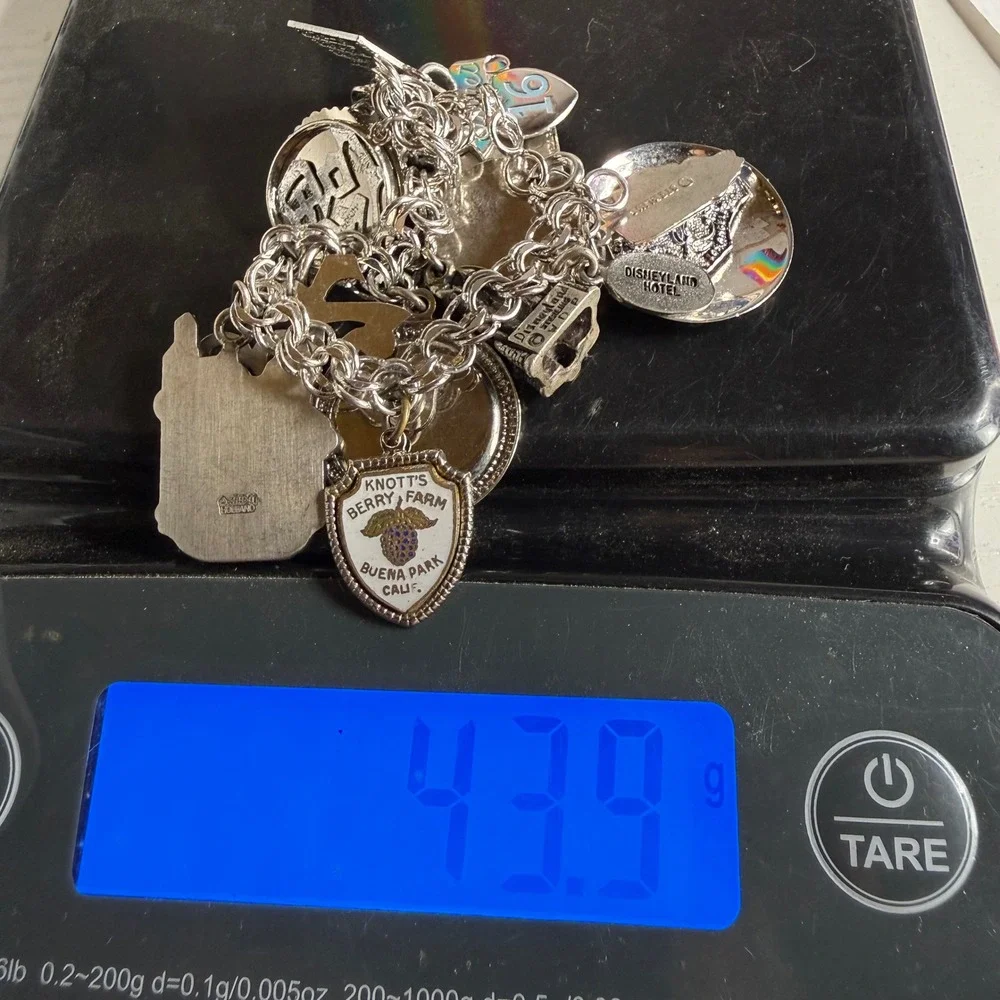 Vintage Mostly Sterling Silver Charm Bracelet Travel Souvenir Disneyland 7in